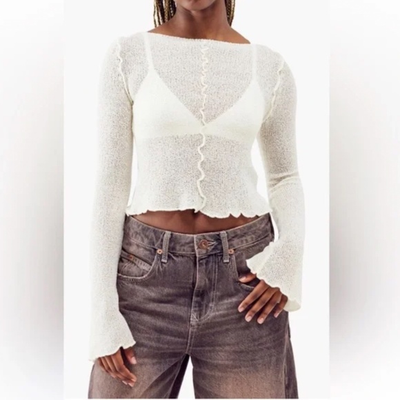 Urban Outfitters BDG Sheer Boatneck Lettuce Trim Bell Sleeve Sweater Small - Picture 2 of 12